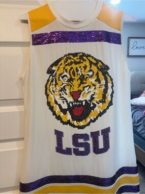QUEEN OF SPARKLES White LSU Sequin Tiger Mini Dress with Purple & Gold Accents